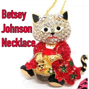 Red Enamel Cat Holding Flower Basket Crystals- Gold Tone Chain Necklace - NWT